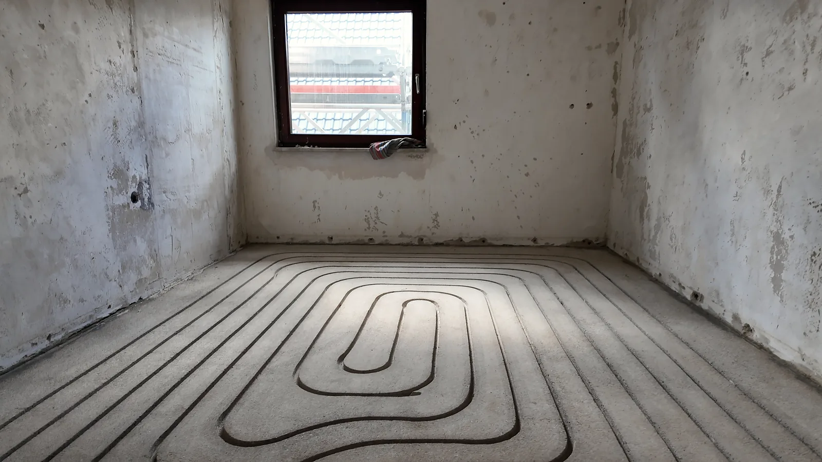 Leerer Raum mit gefrästen Kanälen im Estrich, die in einer Spirale nach innen laufen, hinten ein Fenster